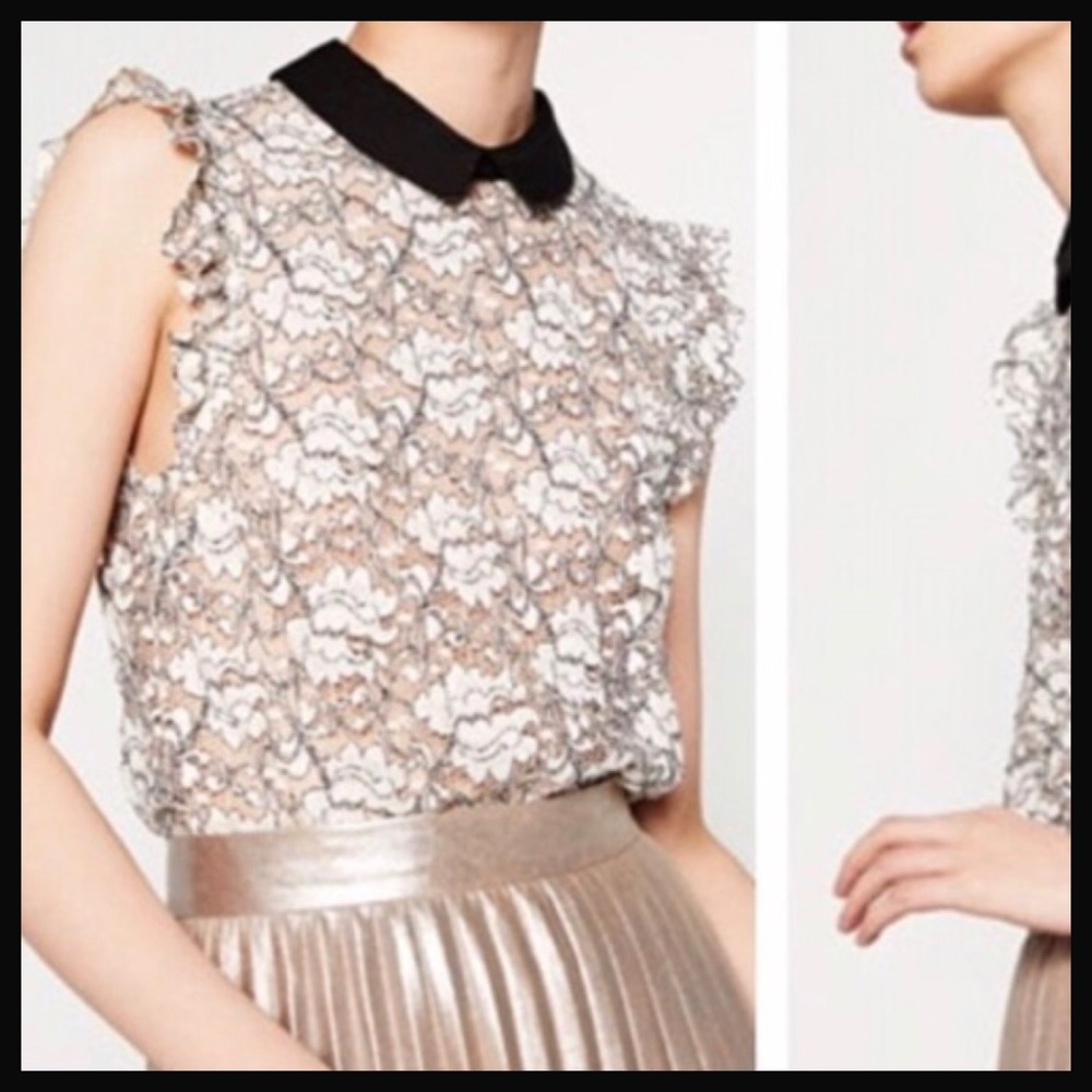 ZARA WOMAN | black & white lace collared blouse XS - Picture 3 of 7